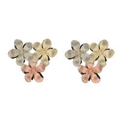 14k Tri Color Gold 8mm Plumeria Blossoms Pierced Earrings