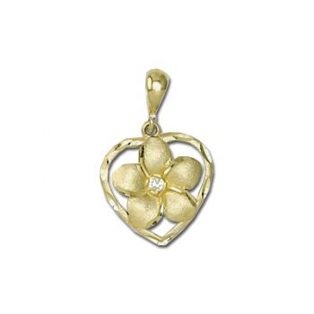 Elegant Hawaiian 14 karat Gold Hawaiian 12mm Plumeria Heart with Diamond Pendant