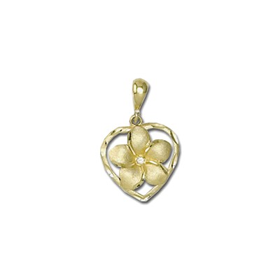 Elegant Hawaiian 14 karat Gold Hawaiian 8mm Plumeria Heart with Diamond Pendant