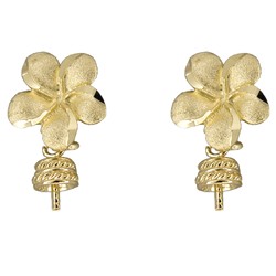 Elegant Hawaiian 14 karat Yellow Gold 12mm Plumeria Pearl Setting Earrings