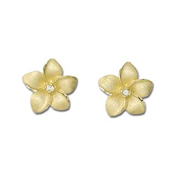 Elegant Hawaiian 14 karat Yellow Gold 15mm Diamond Hawaiian Plumeria Pieced Earrings