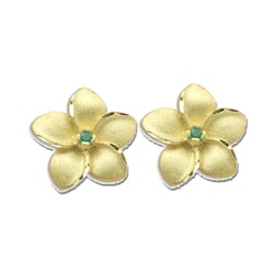 Elegant Hawaiian 14 karat Yellow Gold 15mm Hawaiian Plumeria with Emerald Pieced Earrings