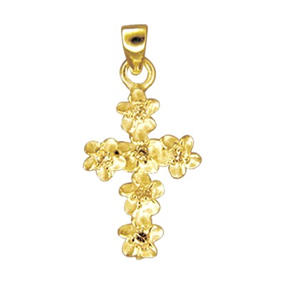 Elegant Hawaiian 14 karat Yellow Gold 6mm Plumeria Leis Cross with CZ Pendant