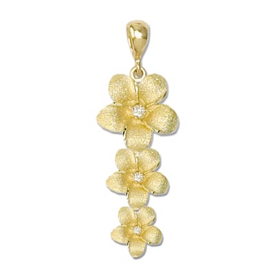Elegant Hawaiian 14 karat Yellow Gold Past Present & Future Plumeria with Diamond Pendant