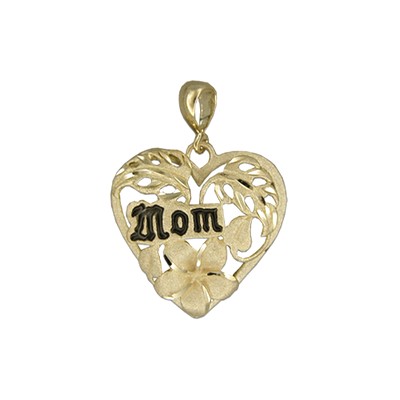 Elegant Hawaiian 14 karat Yellow Gold Plumeria with "MOM" Heart Shaped Pendant
