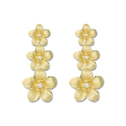 Elegant Hawaiian 14 karat Yellow Gold Triple Hawaiian Plumeria with Diamond Dangling Earrings