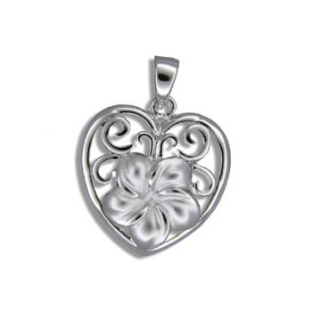 Elegant Hawaiian Sterling Silver | Elegant Hawaiian Sterling Silver 12MM Hawaiian Plumeria in Heart Design Pendant