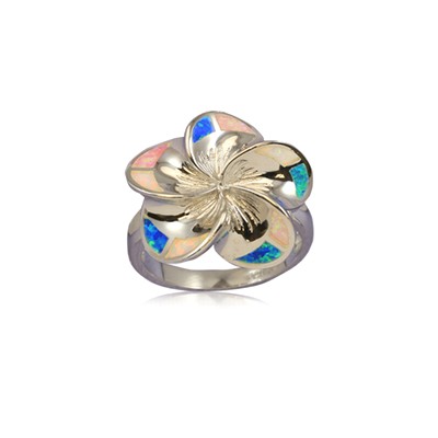 Elegant Hawaiian Sterling Silver | Elegant Hawaiian Sterling Silver 20mm Hawaiian Plumeria with Rainbow Opal Ring