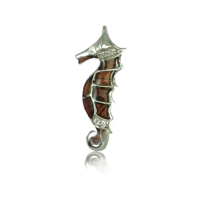 Elegant Hawaiian Sterling Silver | Elegant Hawaiian Sterling Silver Hawaiian Koa Wood Seahorse Pendant with Clear CZ