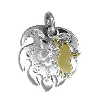 Elegant Hawaiian Sterling Silver | Elegant Hawaiian Sterling Silver Yellow Gold Coated Kahiko Monstera Leaf with Hula Dancer Pendant