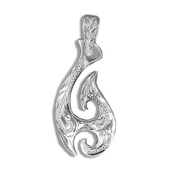 Elegant Hawaiian Sterling Silver | Fine Engraved Elegant Hawaiian Sterling Silver Female's Two Sided Hawaiian Fish Hook Pendant
