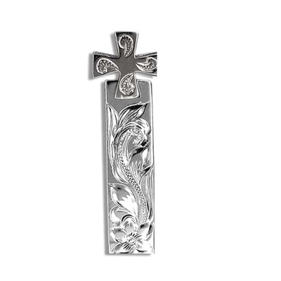Elegant Hawaiian Sterling Silver | Fine Engraved Elegant Hawaiian Sterling Silver Scroll & Plumeria w/ Movable Cross Pendant